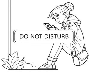 Line art illustration of a girl using a smartphone next to a do not disturb sign