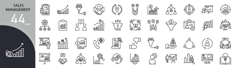 Sales management related icon collections. Containing target, deal, CRM, performance, pipeline, client, revenue, strategy, report, and conversion icons. Outline icons.
