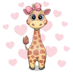 Cute Cartoon Giraffe with pink hair bow. Vector Illustration with animal on white background with pink hearts. © Olena