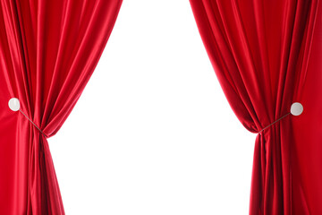 Open red velvet curtains isolated on white background