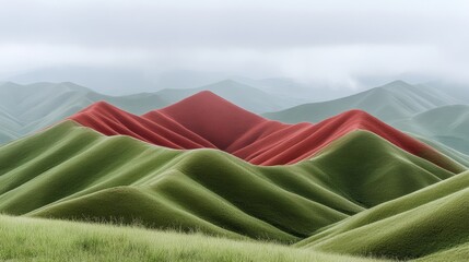 Colorful rolling hills with vibrant red patches and lush green grass under a foggy sky creating a serene natural landscape