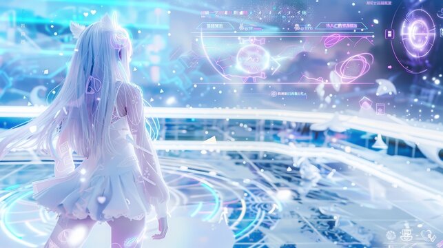 Anime-style futuristic female character in virtual reality interface with neon holographics