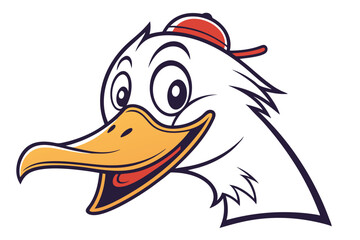 Cheerful duck cartoon character smiles brightly while wearing a vibrant red baseball cap playfully