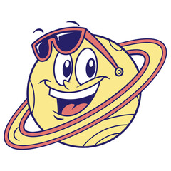 Cartoon Saturn Planet with Sunglasses and Smile, A whimsical vector illustration of Saturn featuring a wide smile and sunglasses, with classic ring details and cheerful cartoon styling — radiating fun