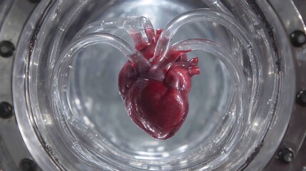 Realistic human heart model suspended within a circular transparent bioreactor used for advanced technological and.