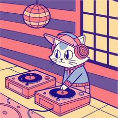 Cartoon DJ Cat with Headphones, Turntables, and Disco Vibes, A playful cartoon vector featuring a cool cat wearing headphones and a hat, DJing behind two turntables beneath a disco ball, set against a