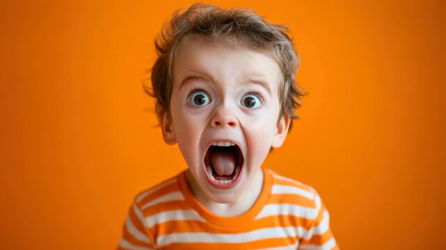 Child boy surprised shocked emotion expression orange background striped shirt screaming wide open mouth eyes wearing orange white striped shirt against bright orange background expressing surprise