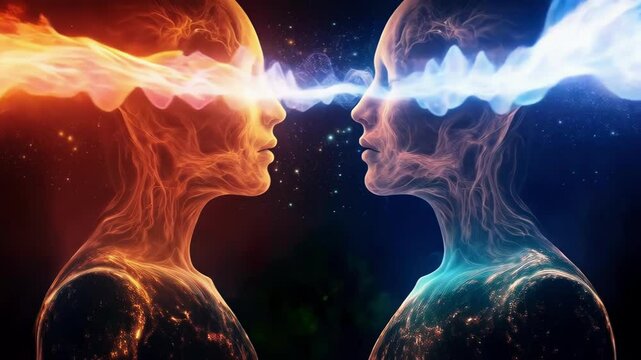 Two human profiles face each other, connected by a wave of energy, symbolizing telepathy and mind connection