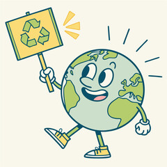 Earth Cartoon Character Holding Recycling Sign in Eco-Friendly Scene, A cheerful cartoon Earth with a smiling face, limbs, and expressive pose holds a recycling symbol sign, standing amid grass and cl