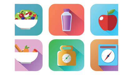 Illustration of healthy lifestyle icons including salad bottle apple and weight scale compass on backgrounds