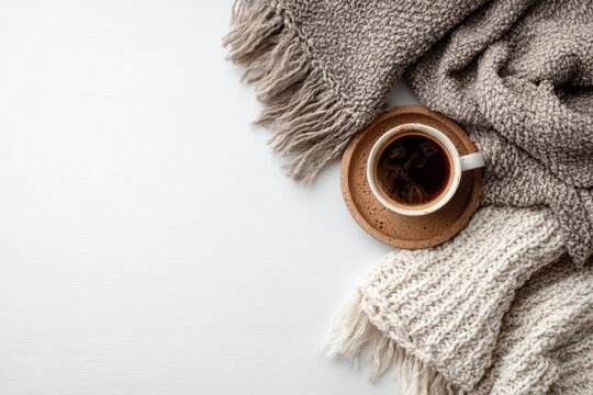 Overhead shot of coffee cup on coaster nestled in cozy knit blankets on a white background, offering a sense of warmth and comfort
