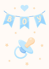 Gentle postcard It's a boy. Poster with baby Dummy and flag garland for gender reveal party in blue tones. Vector illustration.