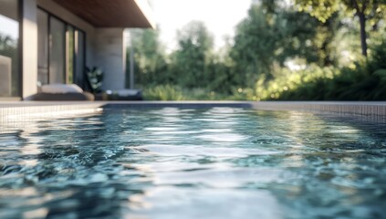 Modern pool, tranquil backyard, home exterior, sunlit ambiance