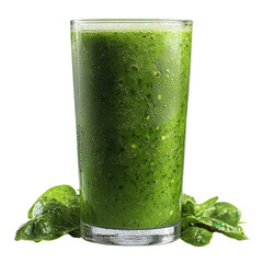 Fresh Green Smoothie in Clear Glass with Leaf Garnish on White Background
