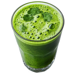 Fresh Green Smoothie in Clear Glass with Leaf Garnish on White Background