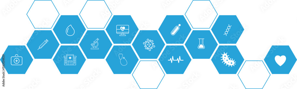 Poster medical and health icon with blue hexagonal pattern background isolated on transparent background