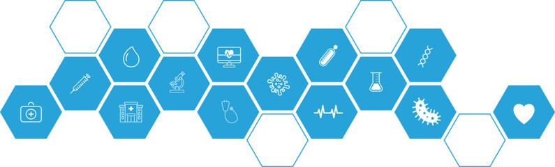 Medical and health icon with blue hexagonal pattern background isolated on transparent background