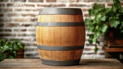 Naklejka premium Wooden barrel on a table, rustic setting