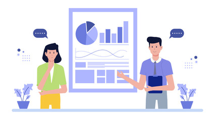 Business presentation featuring charts with two focused individuals. Ideal for corporate meetings, financial reports, data analysis, and professional discussions.