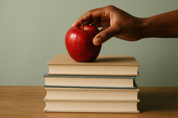 Hand placing a fresh red apple on stacked hardcover books on a wooden table against a plain background, symbolizing education and knowledge