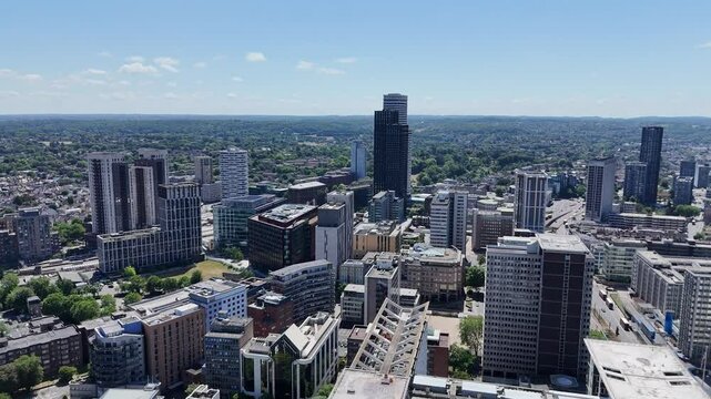 Drone view over Croydon&rsquo;s modern skyline in London. Showcasing sleek architecture, bustling streets, and the vibrant atmosphere of this growing urban hub.