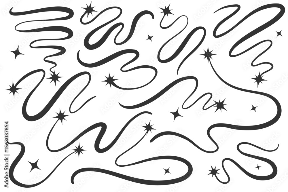 Poster swirl vector lines with stars. curved elegant flourishes tails of comets. decorative scrolls and str