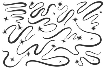 Swirl vector lines with stars. Curved elegant flourishes tails of comets. Decorative scrolls and strokes on white background. Wavy swishes with falling and flying sparkles.