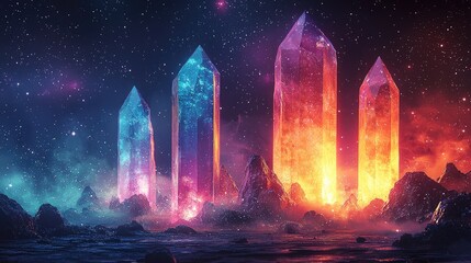 Obraz premium Illuminated crystals stand tall against a starry night sky.