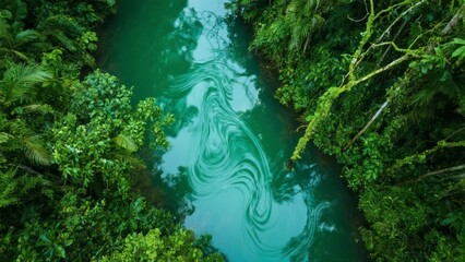 Fototapeta premium Aerial View of a Serene River Winding Through Lush Tropical Forest