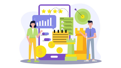 Business people using a mobile app for strategic planning, ideal for business websites, marketing materials, presentations, and corporate training resources.