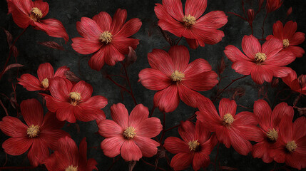 Beautiful Red Botanical Flowers on Dark Vintage Textured Background, Elegant Floral Illustration