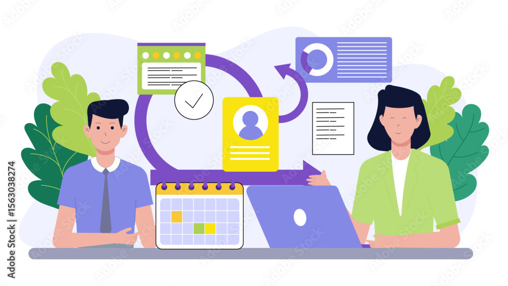 Poster scrum workflow with two team members, suitable for agile project management blog posts, website illu