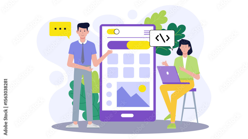 Poster website design teamwork on a large phone. suitable for web design, development, team collaboration, 