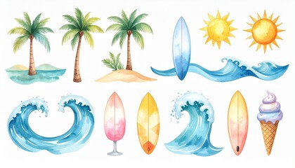 Minimalist watercolor icon set of summer symbols — sun, wave, palm tree, cocktail, surfboard, and ice cream