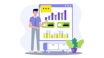 Man showcases business data on a digital whiteboard; ideal for presentations, reports, analytics, financial concepts, conferences, technology themes.