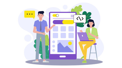 Website design teamwork on a large phone. Suitable for web design, development, team collaboration, mobile app design, and technology projects.