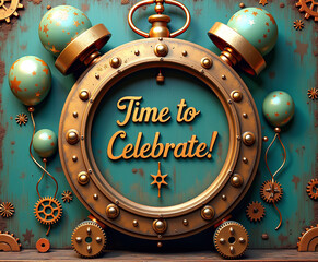 Steampunk clock with golden gears and ornate message urging celebration.