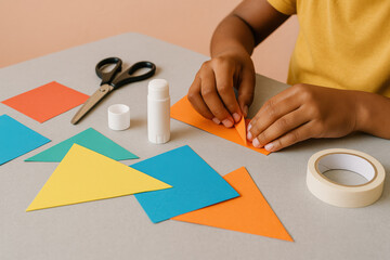 child folding colorful origami paper on table with scissors, glue, and tape for creative geometric art and craft project