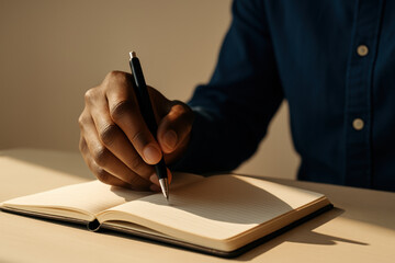 Close up of a person writing in a blank notebook with a pen on a wooden desk in warm natural lighting