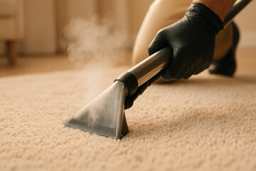 Professional deep steam carpet cleaning with gloved hand using vacuum equipment for allergen removal and home hygiene improvement