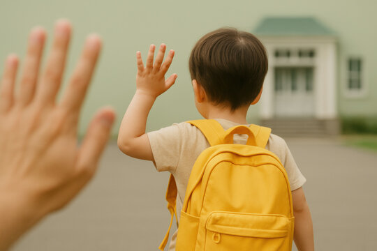 Young child with yellow backpack waving goodbye to adult outside building on first day of school in the morning