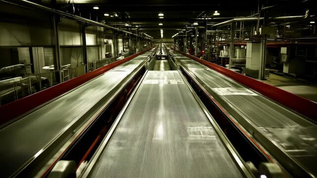 Inside a post office, a high-speed conveyor system efficiently sorts and moves mail pieces, streamlining the delivery process across the automated factory.