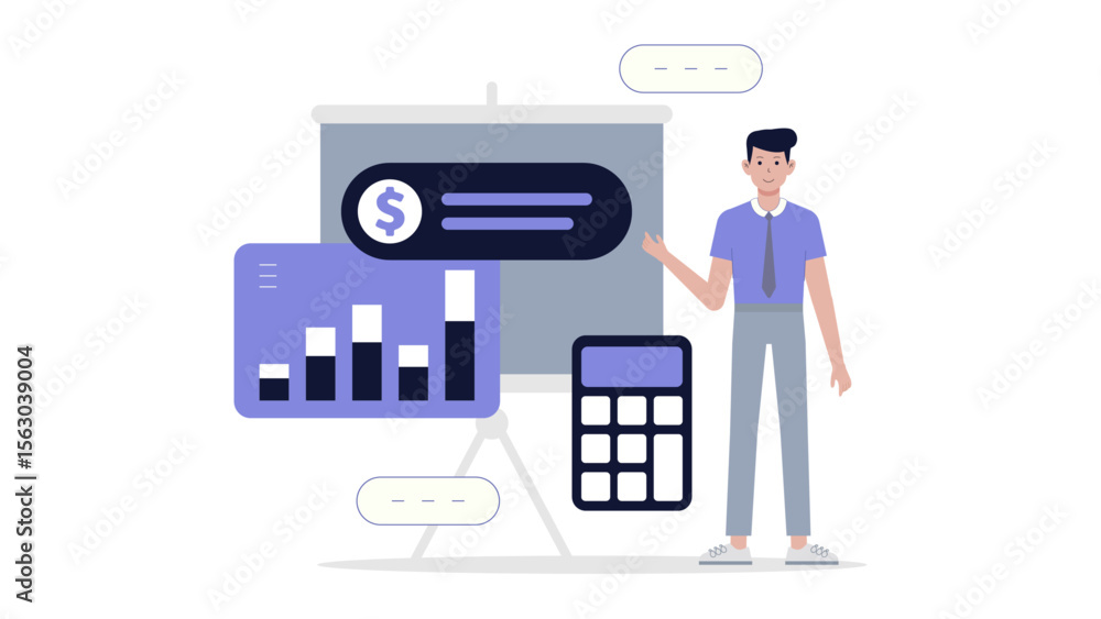 Poster man showing financial graphs and using calculator. suitable for financial presentations, business re