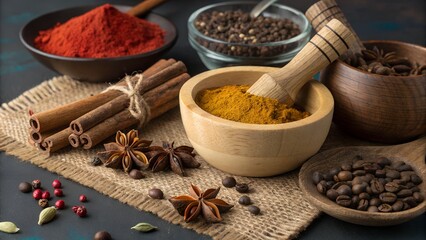 Top-down of colorful spices in bowls on rustic table culinary stock favorite.stock image, cooking and food preparation