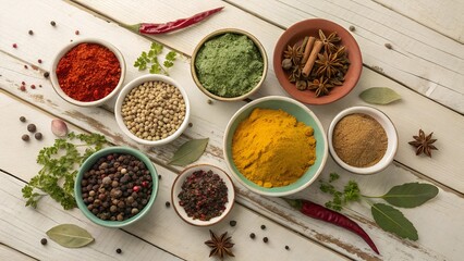 Top-down of colorful spices in bowls on rustic table culinary stock favorite.stock image, cooking and food preparation