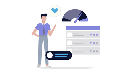 Man presenting positive customer feedback and ratings, suitable for business presentations, marketing materials, social media posts, and website banners.