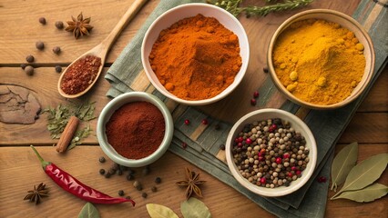 Top-down of colorful spices in bowls on rustic table culinary stock favorite.stock image, cooking and food preparation