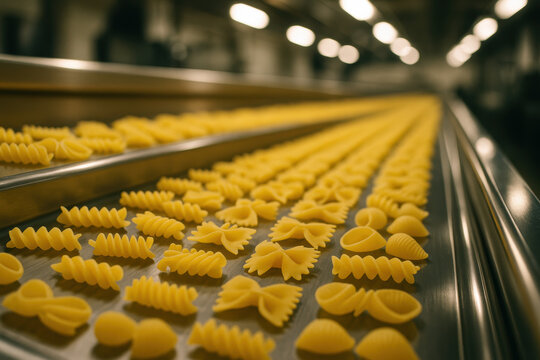 Various shapes of uncooked pasta arranged on a conveyor belt in a modern food processing facility under bright industrial lighting