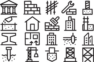 Collection of line icons depicting various stages and elements of building construction, including tools, materials, and structures, suitable for architectural or engineering projects.