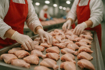 Workers in food processing facility sorting fresh raw chicken meat portions on stainless steel table in hygienic production environment